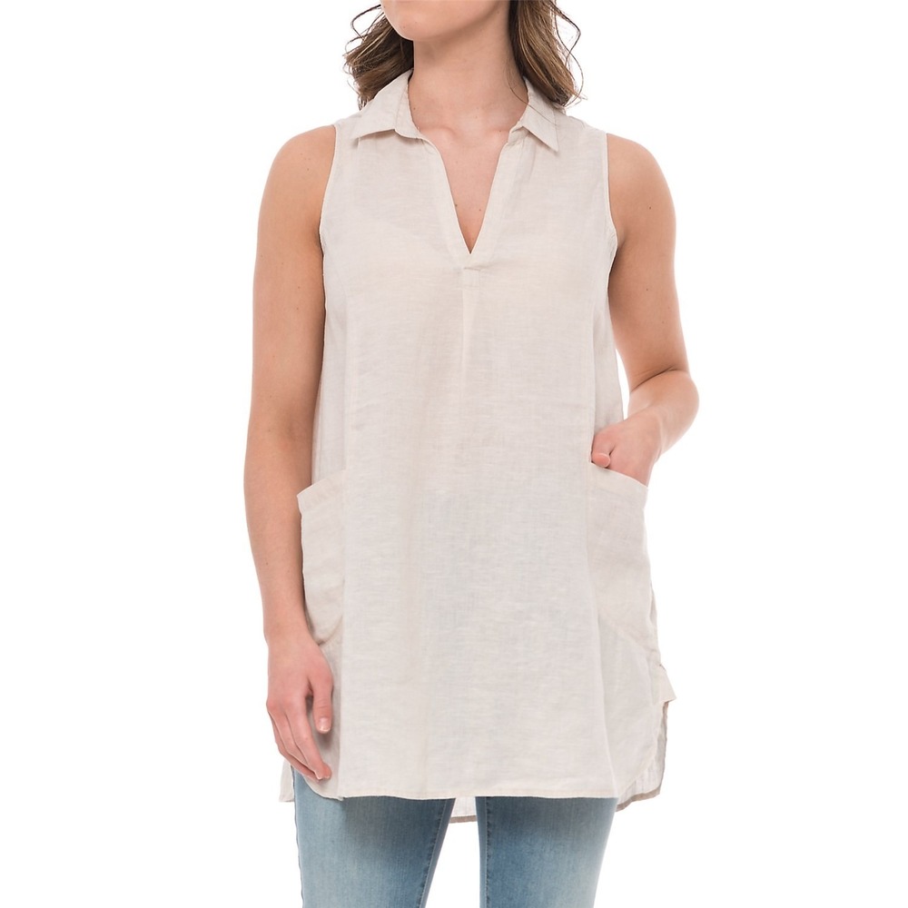 Sigrid‎ Olsen Linen Sleeveless Collared Tunic Shirt Dress Pockets Tan M